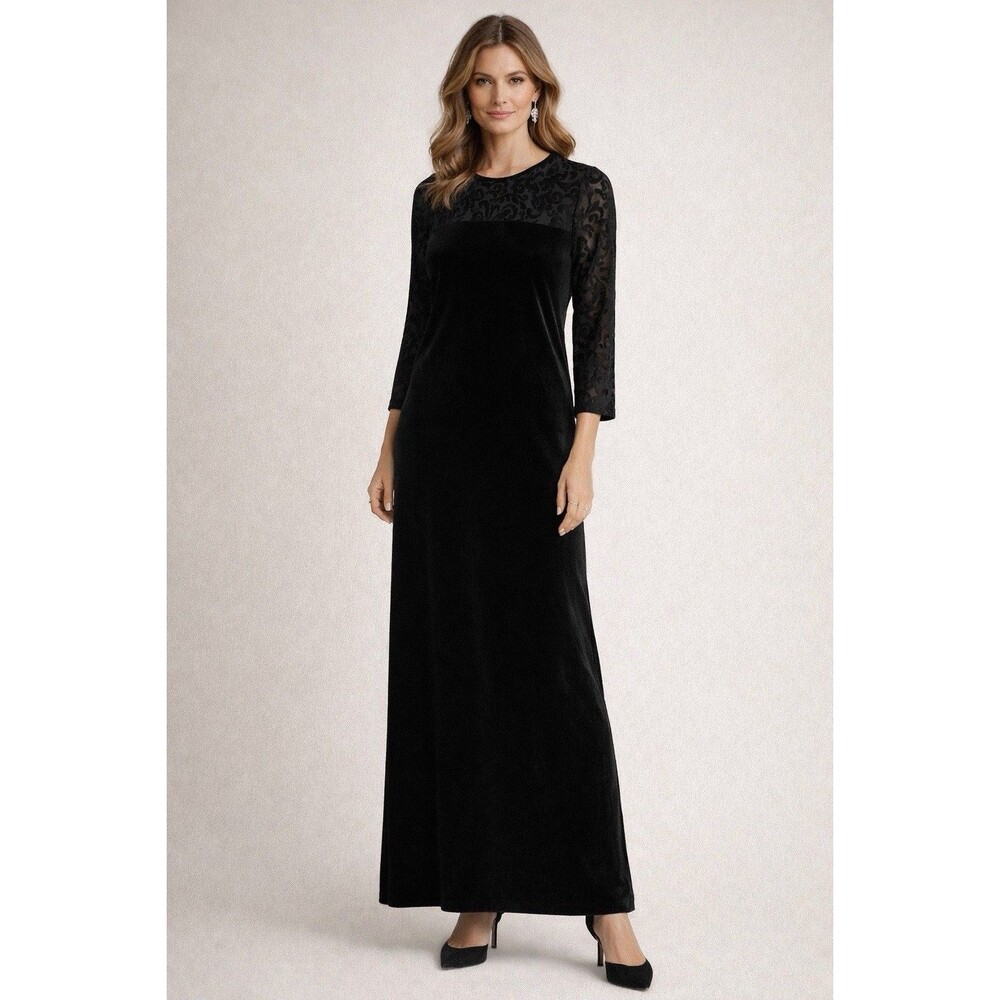 Vintage Diane Von Furstenberg Black Velvet Long Dress Sheer Sleeve Medium Sheath